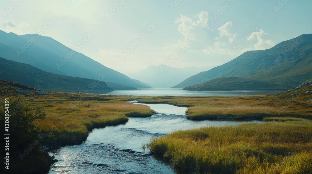 Fototapeta premium Serene Mountain Lake Landscape: A Tranquil River Flows into a Majestic Lake Nestled Between Towering Mountains Under a Calm Sky