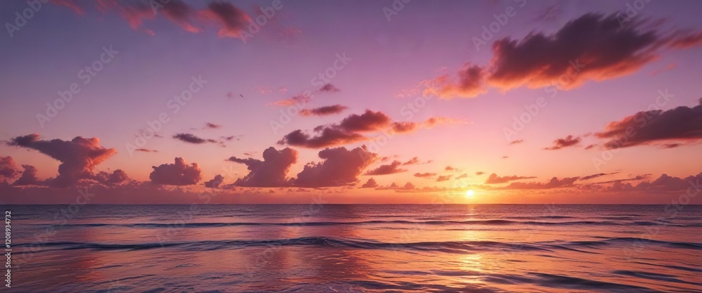 Obraz premium The sky is painted with hues of orange and pink as the sun rises over the ocean, bright sun, landscape, vibrant colors