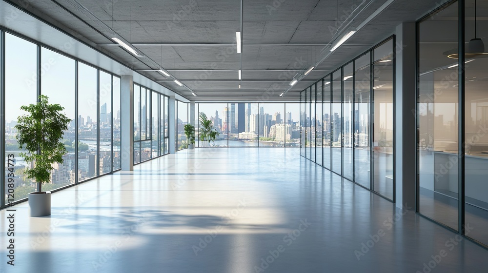 Obraz premium Modern empty office interior with city view and glass partitions