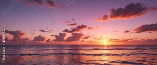 The sky is painted with hues of orange and pink as the sun rises over the ocean, bright sun, landscape, vibrant colors