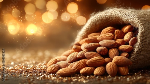 Close-up of almonds spilling from a burlap sack with a warm bokeh background.