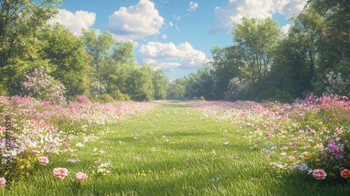 Wallpaper Mural Sunny meadow path, wildflowers, forest, spring, nature background, idyllic scene, peaceful landscape, wallpaper Torontodigital.ca
