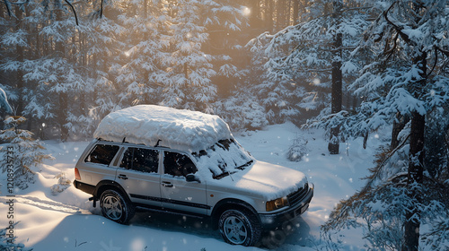 In the tranquility of a snow-blanketed forest, an SUV sits still, its roof and hood concealed beneath a thick layer of snow, encircled by frost-covered, snowy trees