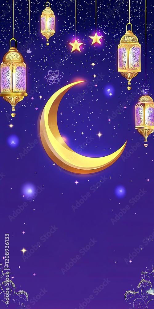Enchanting Night Sky with Golden Lanterns and Crescent Moon Above a Starry Background in Deep Purple Tones Enchanting Night Sky with Golden Lanterns and Crescent Moon Above a Starry Background in Deep Purple Tones