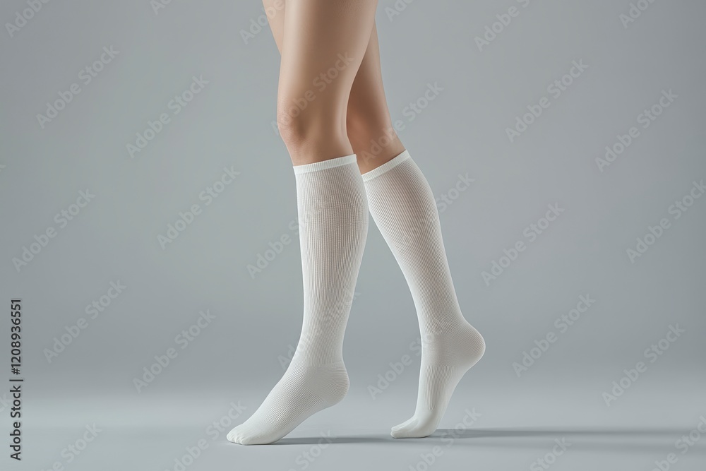 Basic pattern of long white socks with high elastic band on beautiful legs for women, side view, for design, branding. Basic pattern of long white socks with high elastic band on beautiful legs for women, side view, for design, branding.
