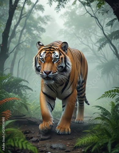 Tiger stalking its prey through a misty jungle clearing, action, wildlife, ambush