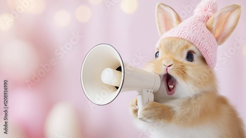 A fluffy Easter bunny wearing a pink knit hat and holding a megaphone. The pastel pink background is enhanced with glowing bokeh lights