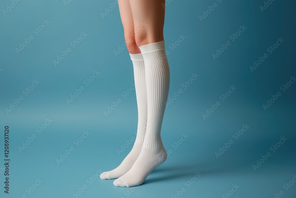 Basic pattern of long white socks with high elastic band on beautiful legs for women, side view, for design, branding. Basic pattern of long white socks with high elastic band on beautiful legs for women, side view, for design, branding.