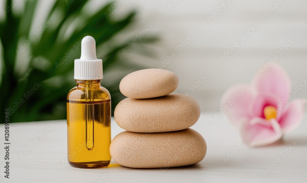 Serene spa setting featuring a beauty oil, smooth stones, and a delicate flower. Serene spa setting featuring a beauty oil, smooth stones, and a delicate flower.