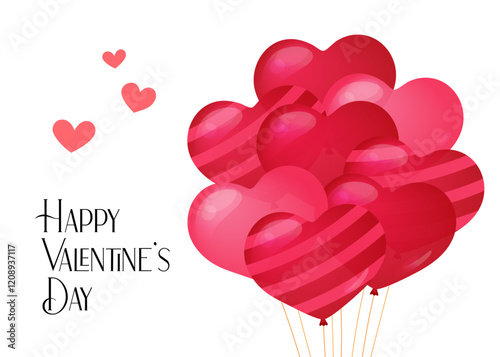Happy Valentines Day card design horizontal. February 14 cute hearts romantic vector illustration. Valentine greeting card. Tied festive helium red heart shaped balloons bunch