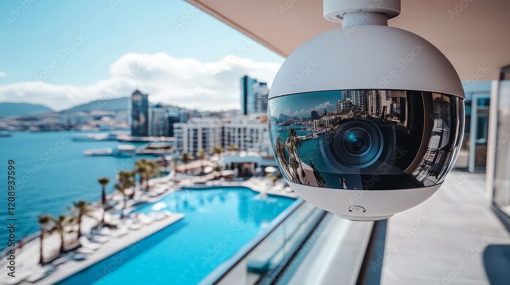Modern security camera overlooking luxury waterfront resort with scenic views. Modern security camera overlooking luxury waterfront resort with scenic views.