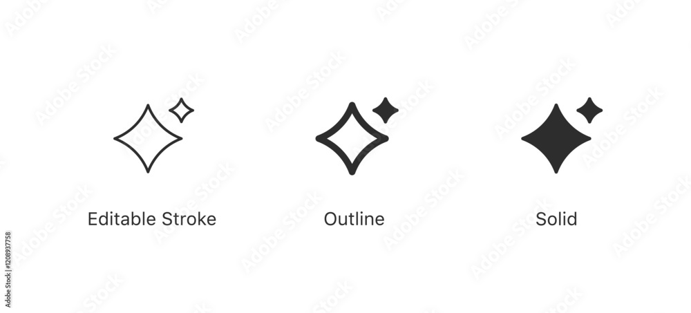 stars sparkle icon set. brightness twinkle shine icons in editable stroke, outline, and solid styles