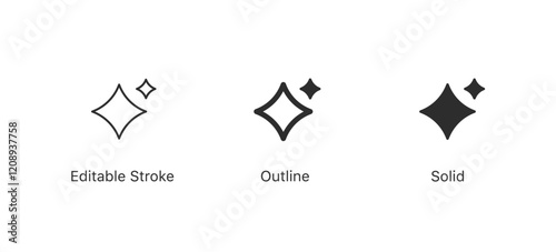 stars sparkle icon set. brightness twinkle shine icons in editable stroke, outline, and solid styles