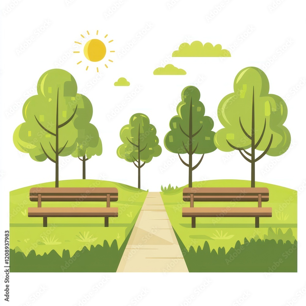 Obraz premium Sunny Park Pathway With Benches And Trees