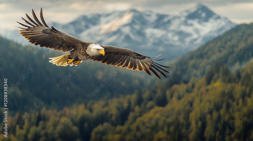 Majestic bald eagle in flight over snow-capped mountains and lush forest. Majestic bald eagle in flight over snow-capped mountains and lush forest.