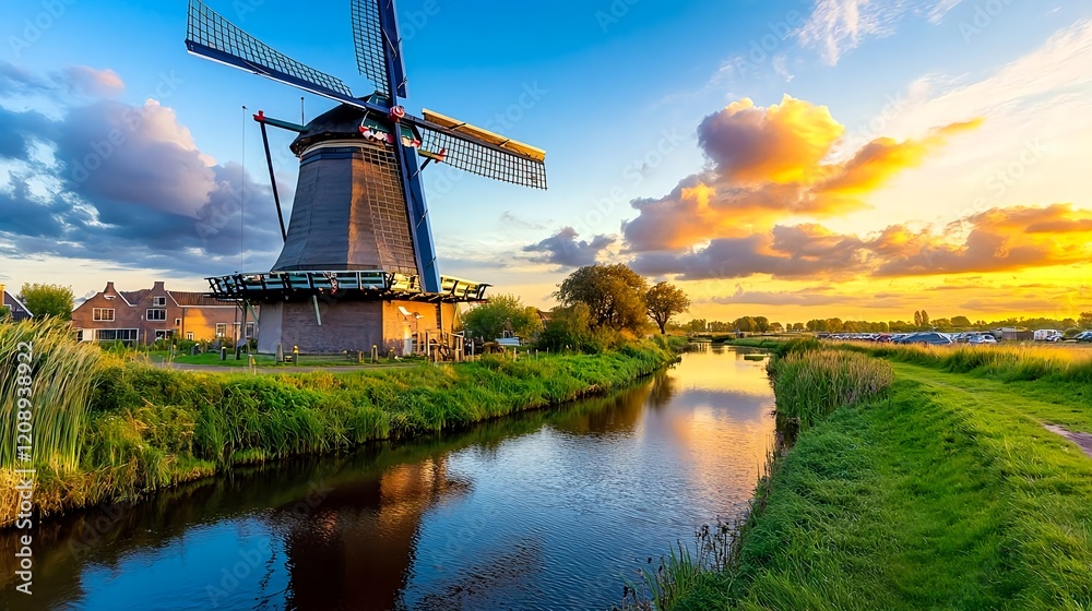 Fototapeta premium dutch windmill sunset canal landscape - golden hour photography