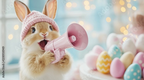 A charming rabbit wearing a pink knit hat, holding a pink megaphone, surrounded by pastel-colored Easter eggs, and set against a cozy indoor background with glowing bokeh lights