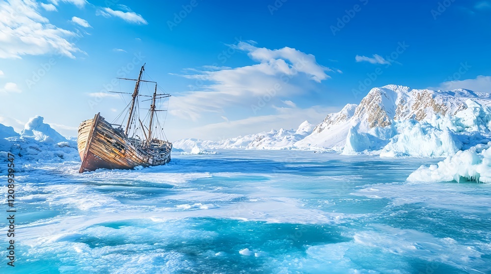 Obraz premium frozen shipwreck arctic iceberg landscape - climate change awareness
