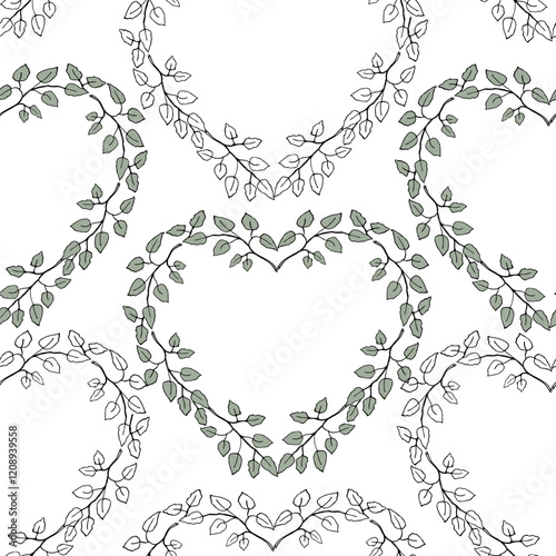 Floral heart frame with leaves seamless pattern for wrapping paper, textile design, scrapbook, wedding or Valentines day template