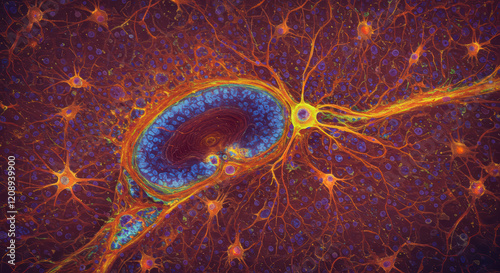 Close-up Light Micrograph Showing Human Brain Neurons and Glial Cells in Detail