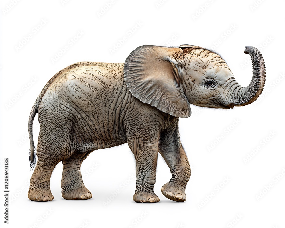 Fototapeta premium Baby elephant playfully lifting its trunk on a white background showcasing its charm
