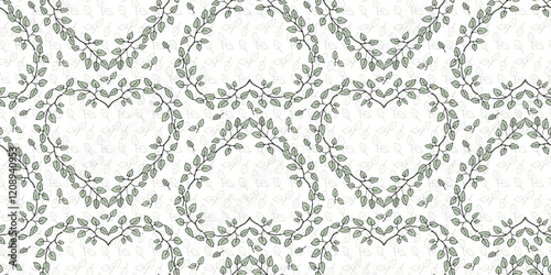 Floral heart frame with leaves seamless pattern for wrapping paper, textile design, scrapbook, wedding or Valentines day template