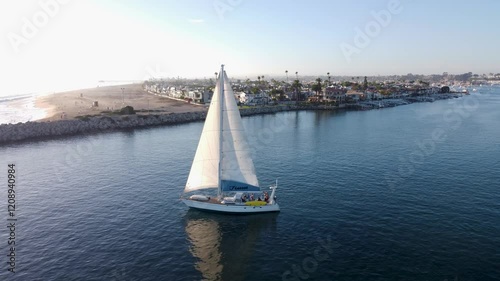 Balboa Peninsula Beach, Sailboat Cruising By to View of Town. Land and Marina Harbor. Orange County Coast, Southern California, Newport, USA. Sunset Sandy Shore. Looking North to Huntington Beach photo