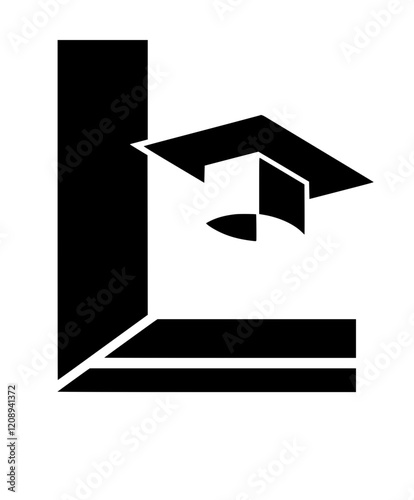 Graduation Cap on Letter L Symbol, Black and white illustration of the letter L with a graduation cap, symbolizing education, academic success, and scholarly achievement.  
  
