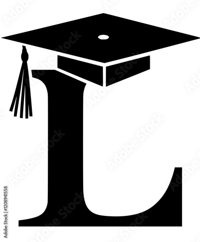 Graduation Cap on Letter L Symbol, Black and white illustration of the letter L with a graduation cap, symbolizing education, academic success, and scholarly achievement.  
  
