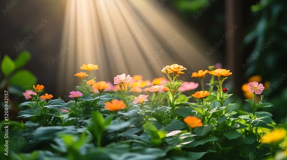 Fototapeta premium Sunlit Garden Flowers Blooming Beautifully