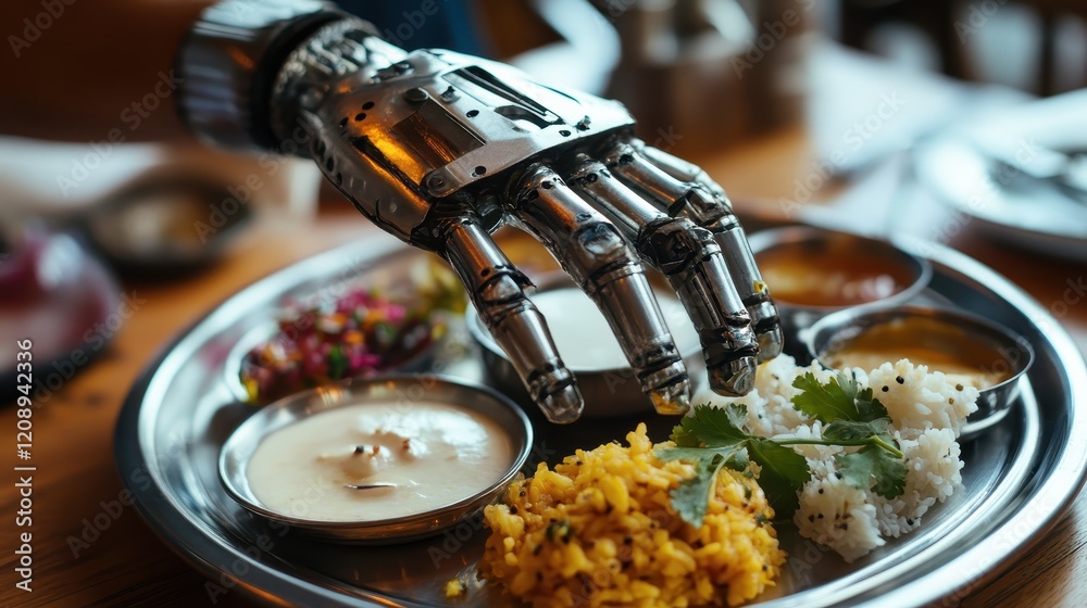 Traditional Indian Thali Meal on Ornate Silver Plate with Authentic Dishes