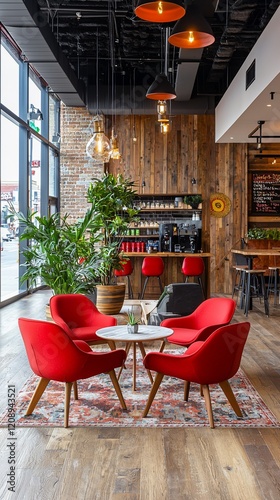 Modern cafe interior with red chairs, wooden bar, and plants.