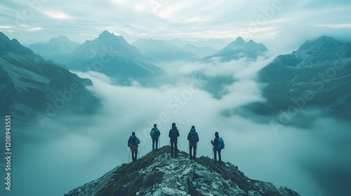 Hikers on mountain peak overlooking misty valley.