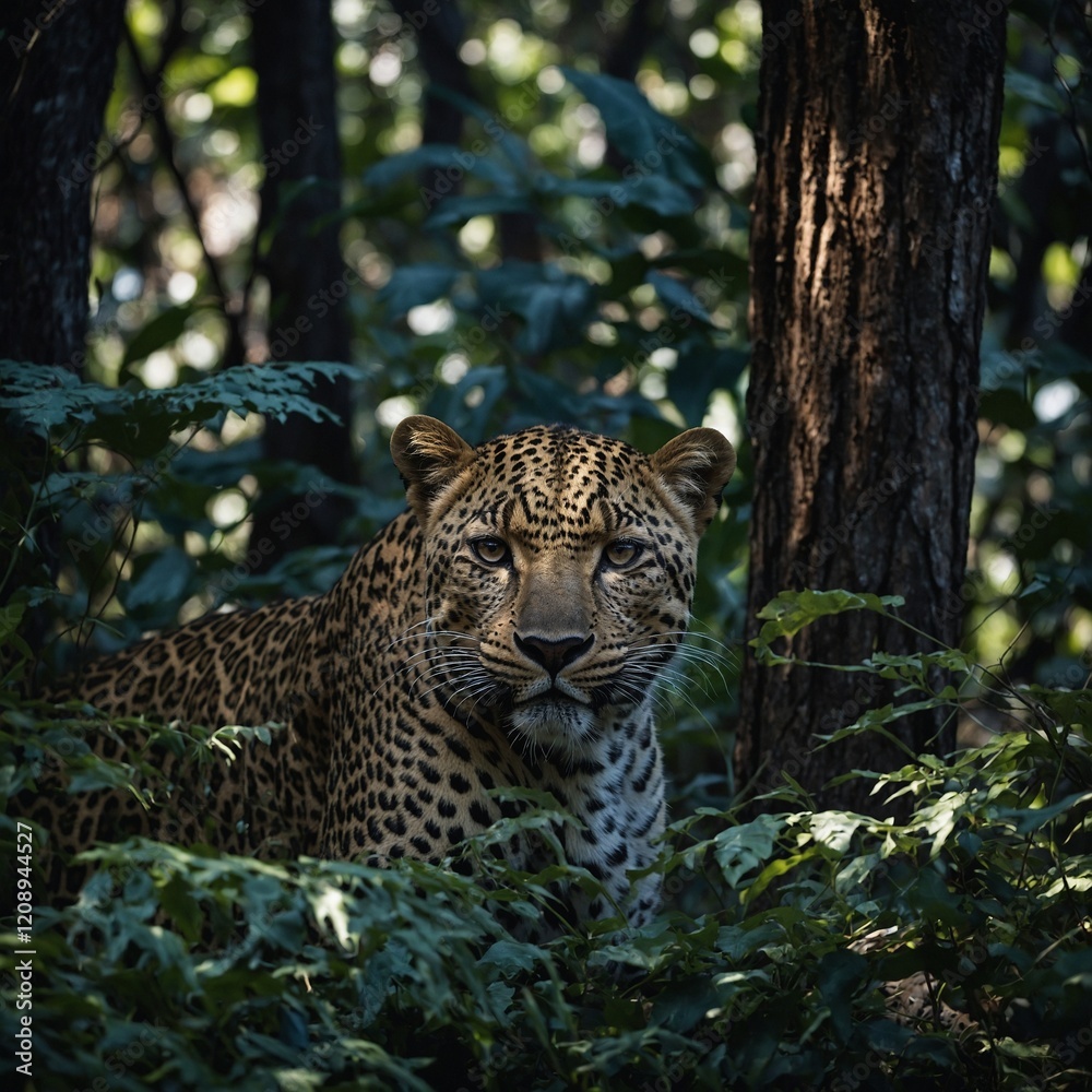 Fototapeta premium A leopard camouflaged among the shadows of a dense forest.