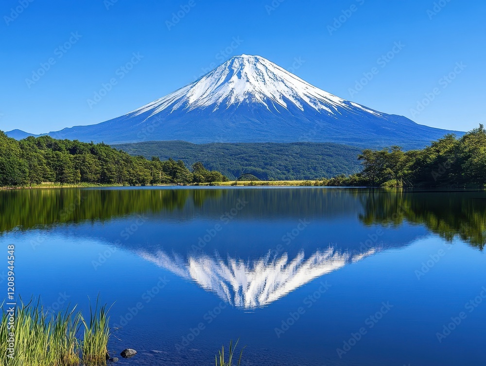 Majestic Snow-Capped Mountain Reflecting on Calm Lake with Lush Greenery and Clear Blue Sky Majestic Snow-Capped Mountain Reflecting on Calm Lake with Lush Greenery and Clear Blue Sky