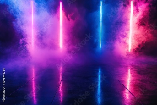 Wallpaper Mural Empty background scene. Dark street reflection on wet asphalt. Rays of neon colorful light in the dark, neon figures, smoke. Background of empty stage show. Abstract dark and neon light background. Torontodigital.ca