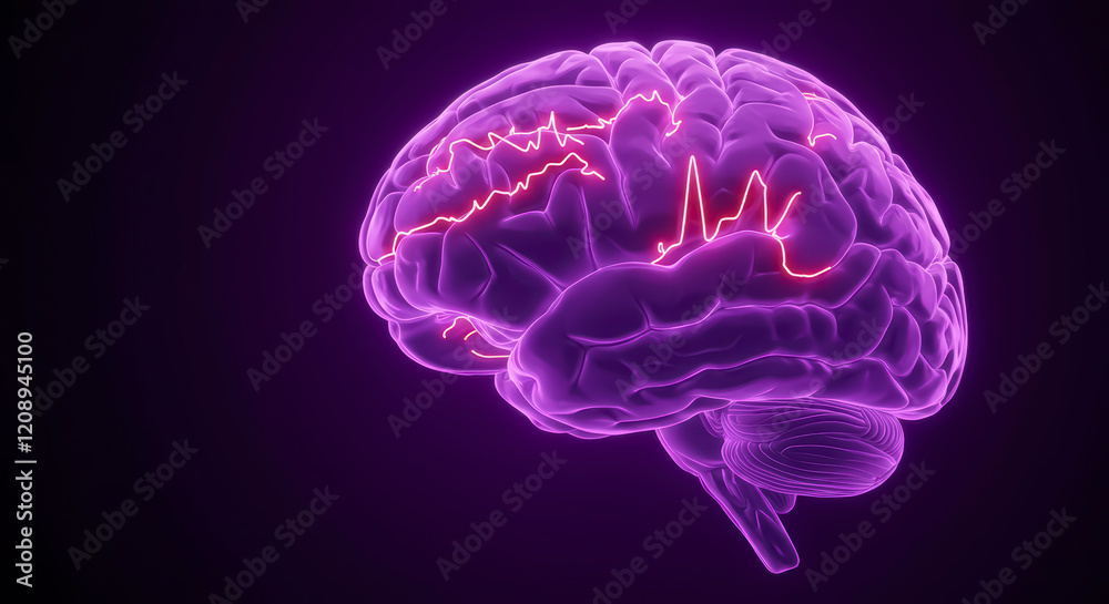 Epilepsy Seizure Visualization: 3D Brain and Encephalography Concept with Purple Color for Awareness Epilepsy Seizure Visualization: 3D Brain and Encephalography Concept with Purple Color for Awareness