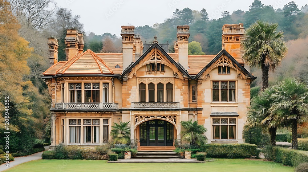 Naklejka premium Elegant Stone Mansion Amidst Lush Greenery