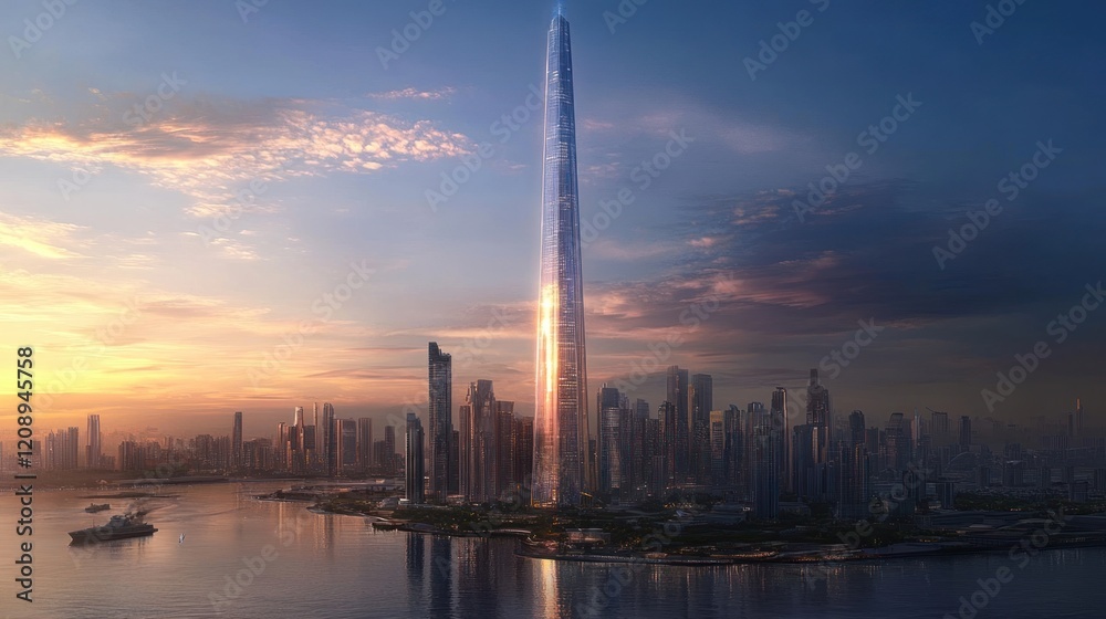 Naklejka premium Sunset over the Cityscape with a Majestic Skyscraper