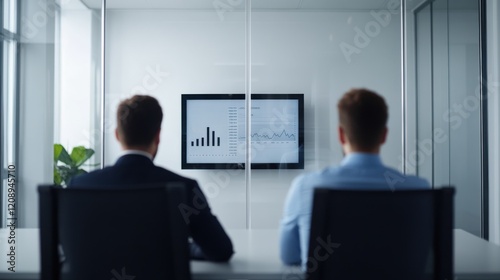 Analyzing business performance metrics office meeting space digital display modern environment professional viewpoint data insights photo