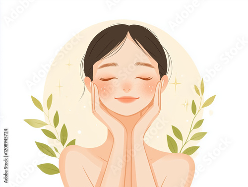 cute cartoon illustration of happy woman with skincare routine