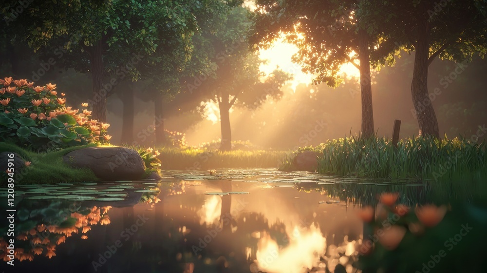 Obraz premium Sunlit forest stream with flowers and mist.
