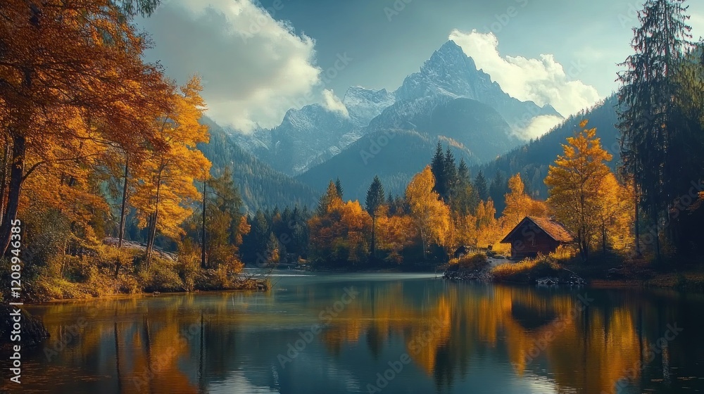 Fototapeta premium Autumnal Serenity: Mountain Lake Retreat