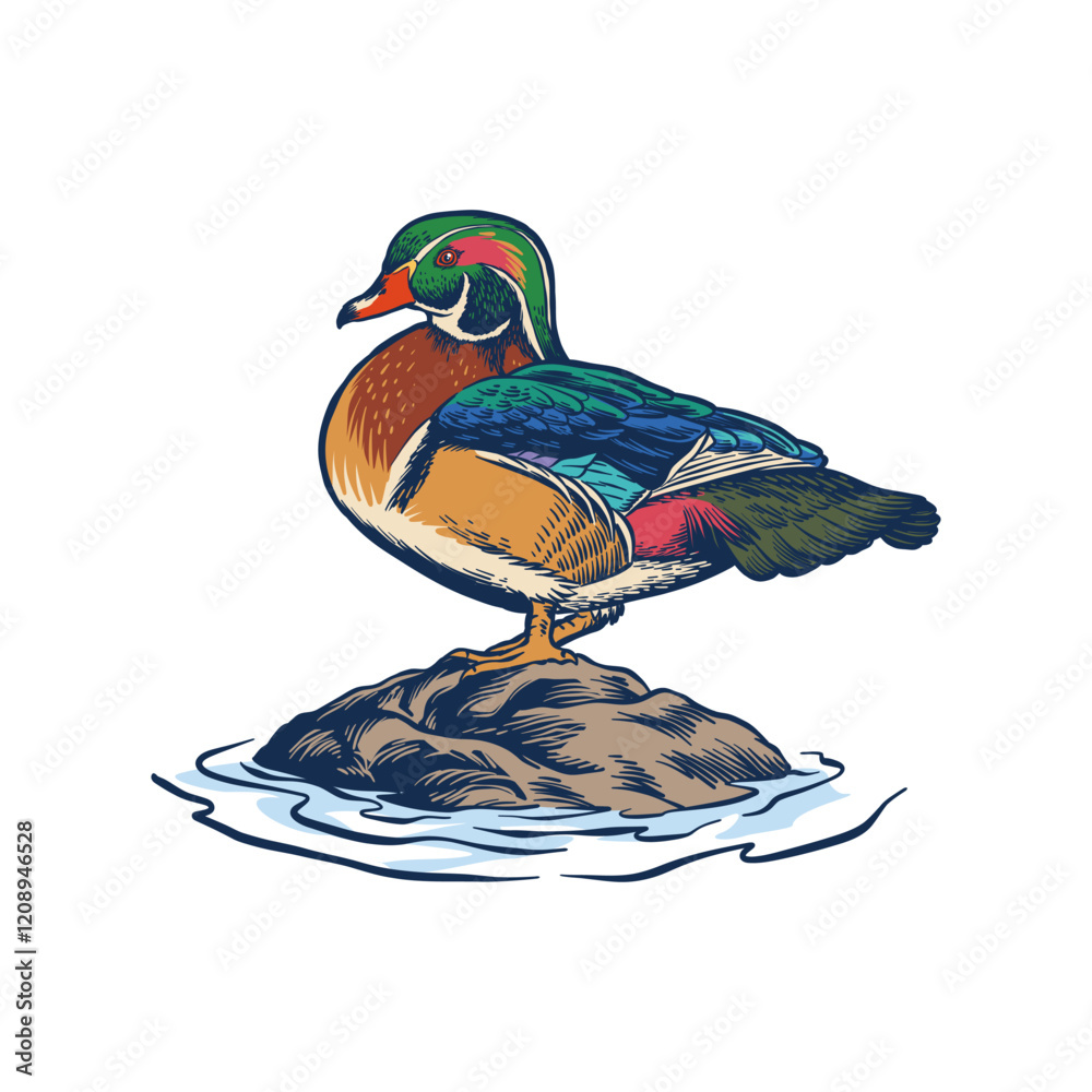 Common Duck イラスト 木製ボード　絵 Photography Poster illustration of an American wood duck standing