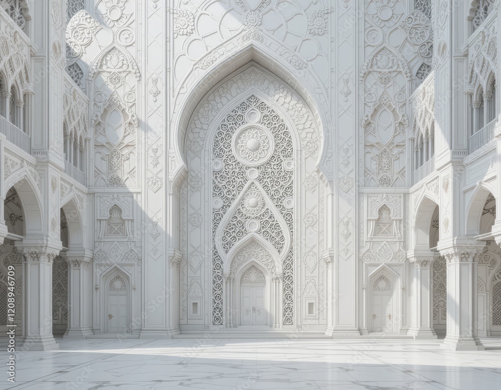Intricate Islamic Architecture: White Mosque Interior with Geometric Patterns Intricate Islamic Architecture: White Mosque Interior with Geometric Patterns