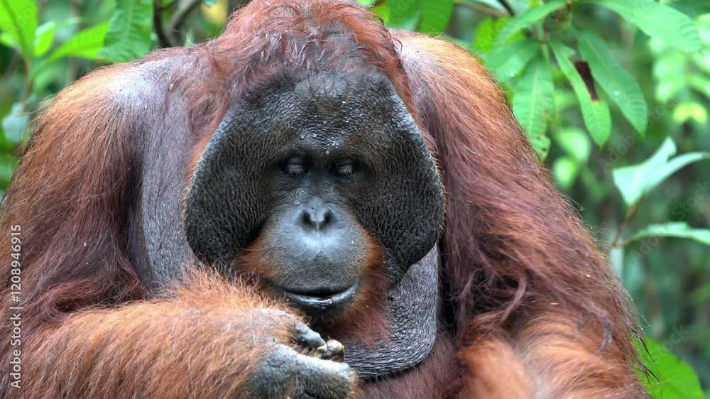 Male orangutan scratches head and eats bananas. Male orangutan scratches head and eats bananas.