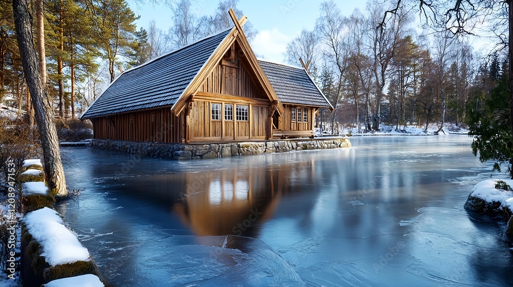 Fototapeta premium wooden cabin on frozen lake, winter scenery - winter landscapes