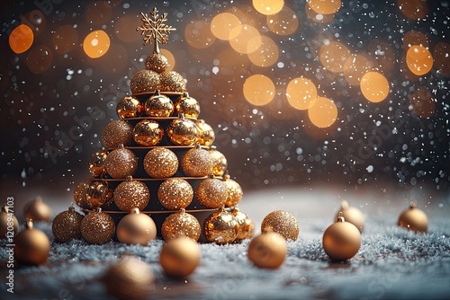 Gold Christmas Tree Ornament Display Winter Scene