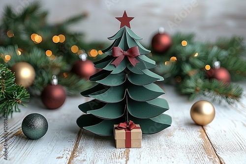 Paper Christmas tree with ornaments and gift
