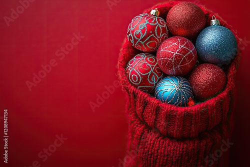 Red Knit Stocking Filled With Christmas Ornaments